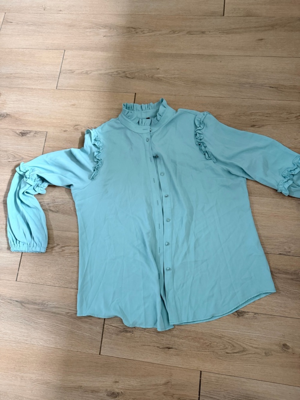 Light Blue Ruffle-Trim Button Front Blouse - Picture 3 of 4
